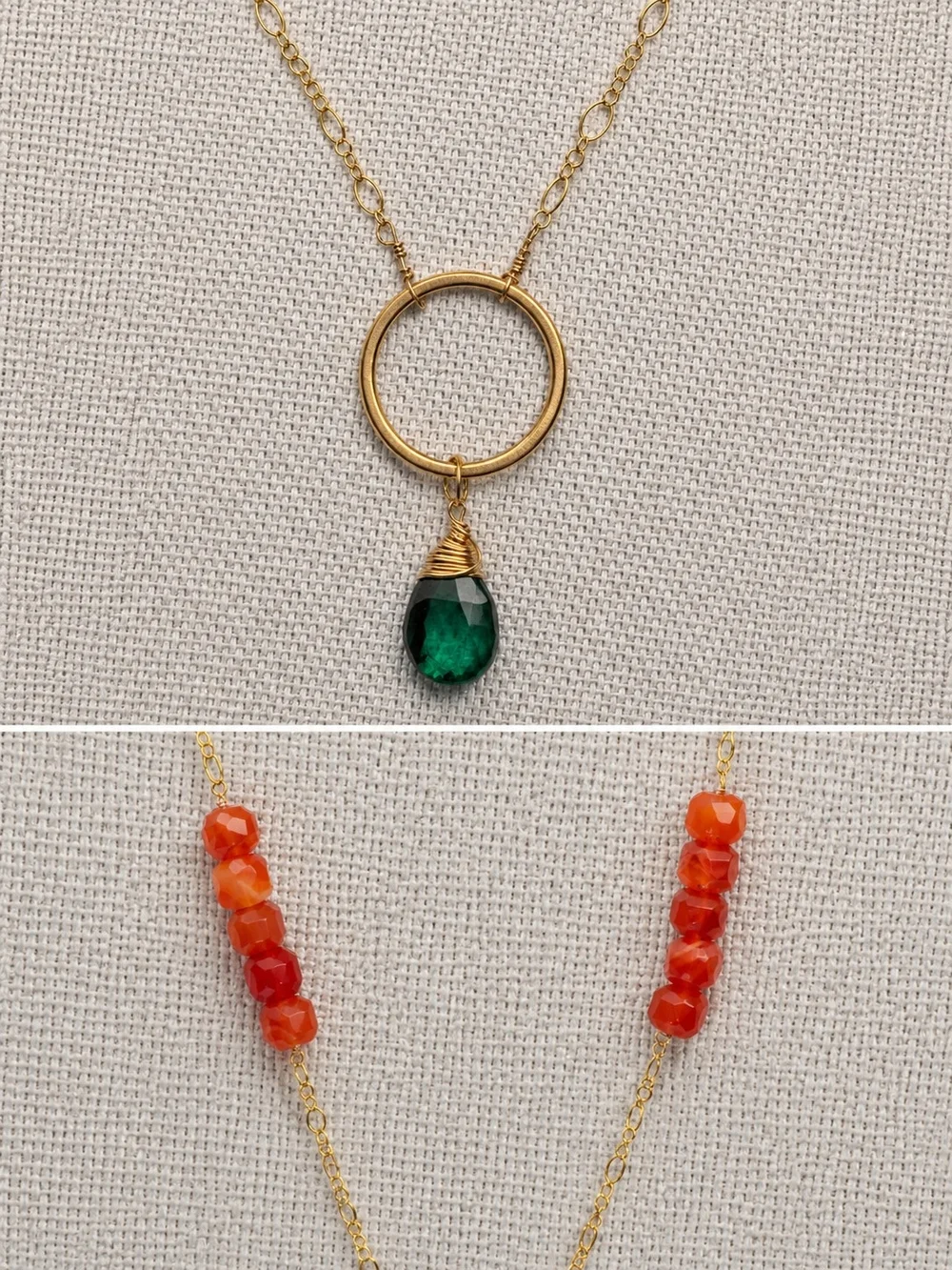 Gold Necklace with Red Carnelian and Green Drop